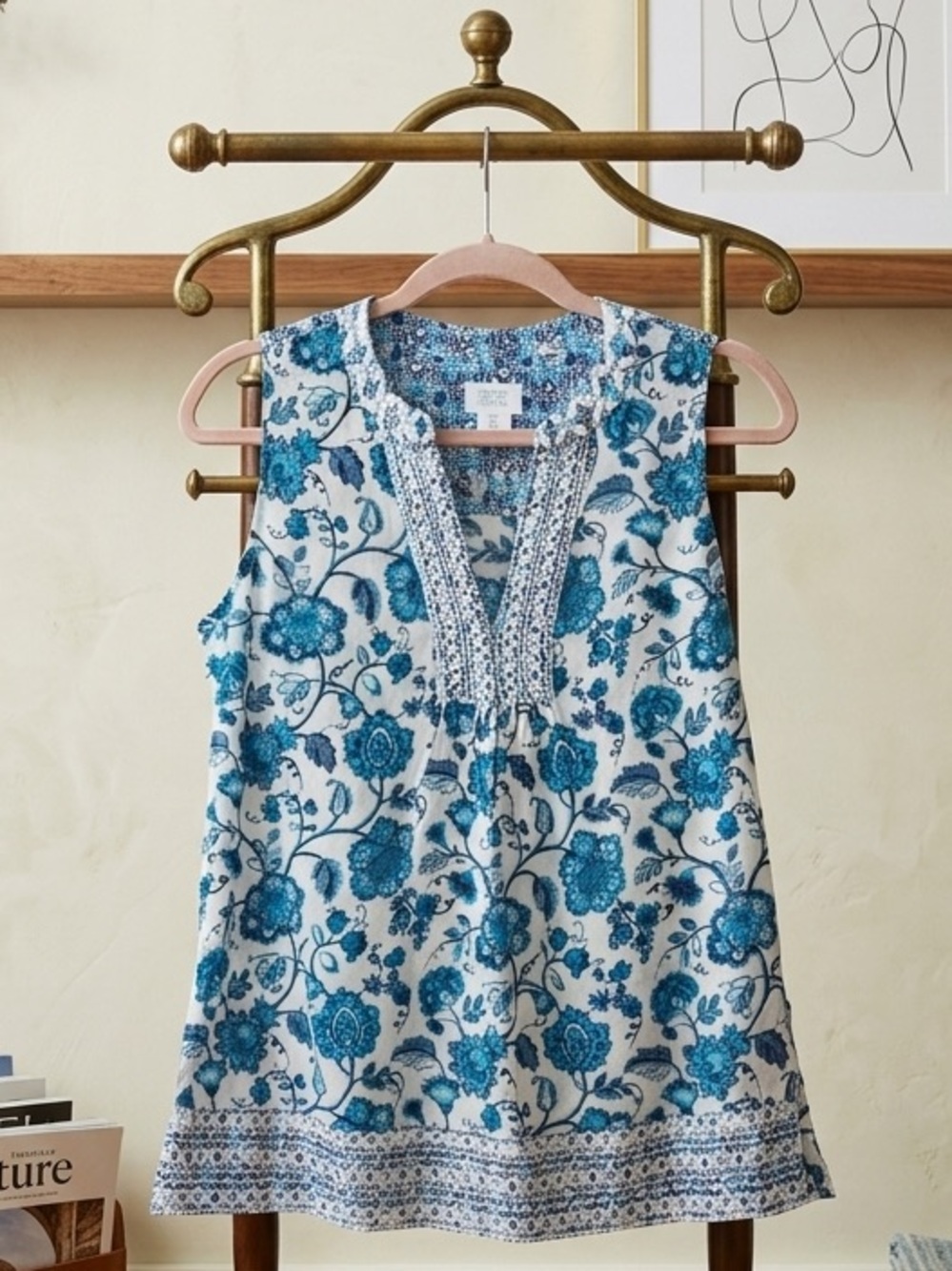 Sigrid Olsen Blue and White Floral Sleeveless Tunic
